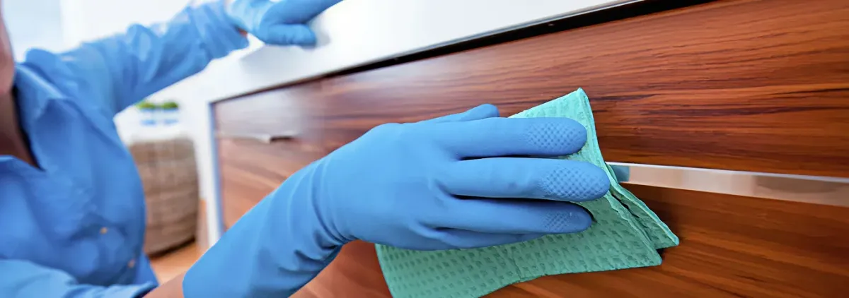 Cleaner wearing blue gloves wiping a wooden cabinet drawer with a microfiber cloth for dust and grime removal, Kansas City, MO.